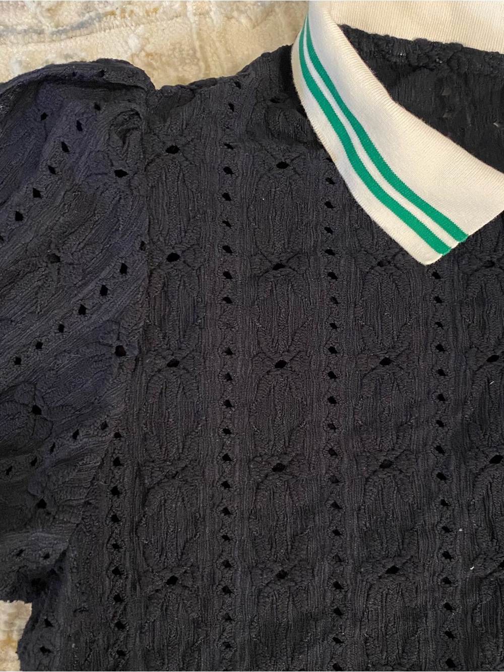 Maeve Knit Navy Polo Top with White & Green Trim and Crystal Buttons - Picture 4 of 11